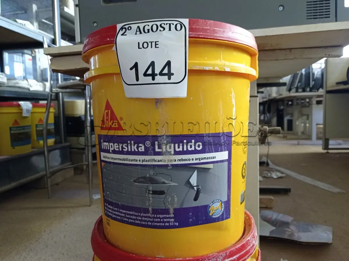 LOTE 144 - 02 BALDES DE IMPERSIKA LÍQUIDO ADITIVO PLASTIFICANTE PARA ARGAMASSA DE ASSENTAMENTO E REBOCO, 18 LITROS CADA. (NO ESTADO) ATENÇÃO! FAZER A VISITAÇÃO ANTES DE ARREMATAR, NÃO SABEMOS SE FUNCIONA. LEILÃO NÃO TEM GARANTIA E NEM DEVOLUÇÃO, SUJEITO A POSSÍVEIS AVARIAS VISÍVEIS/OCULTAS E/OU AUSÊNCIA DE COMPONENTES.