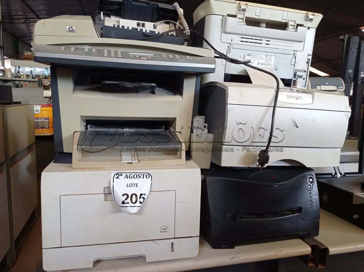LOTE 205 - 09 IMPRESSORAS MARCAS E MODELOS DIVERSOS E 01 APARELHO DE FAX. (NO ESTADO) ATENÇÃO! FAZER A VISITAÇÃO ANTES DE ARREMATAR, NÃO SABEMOS SE FUNCIONA. LEILÃO NÃO TEM GARANTIA E NEM DEVOLUÇÃO, SUJEITO A POSSÍVEIS AVARIAS VISÍVEIS/OCULTAS E/OU AUSÊNCIA DE COMPONENTES.