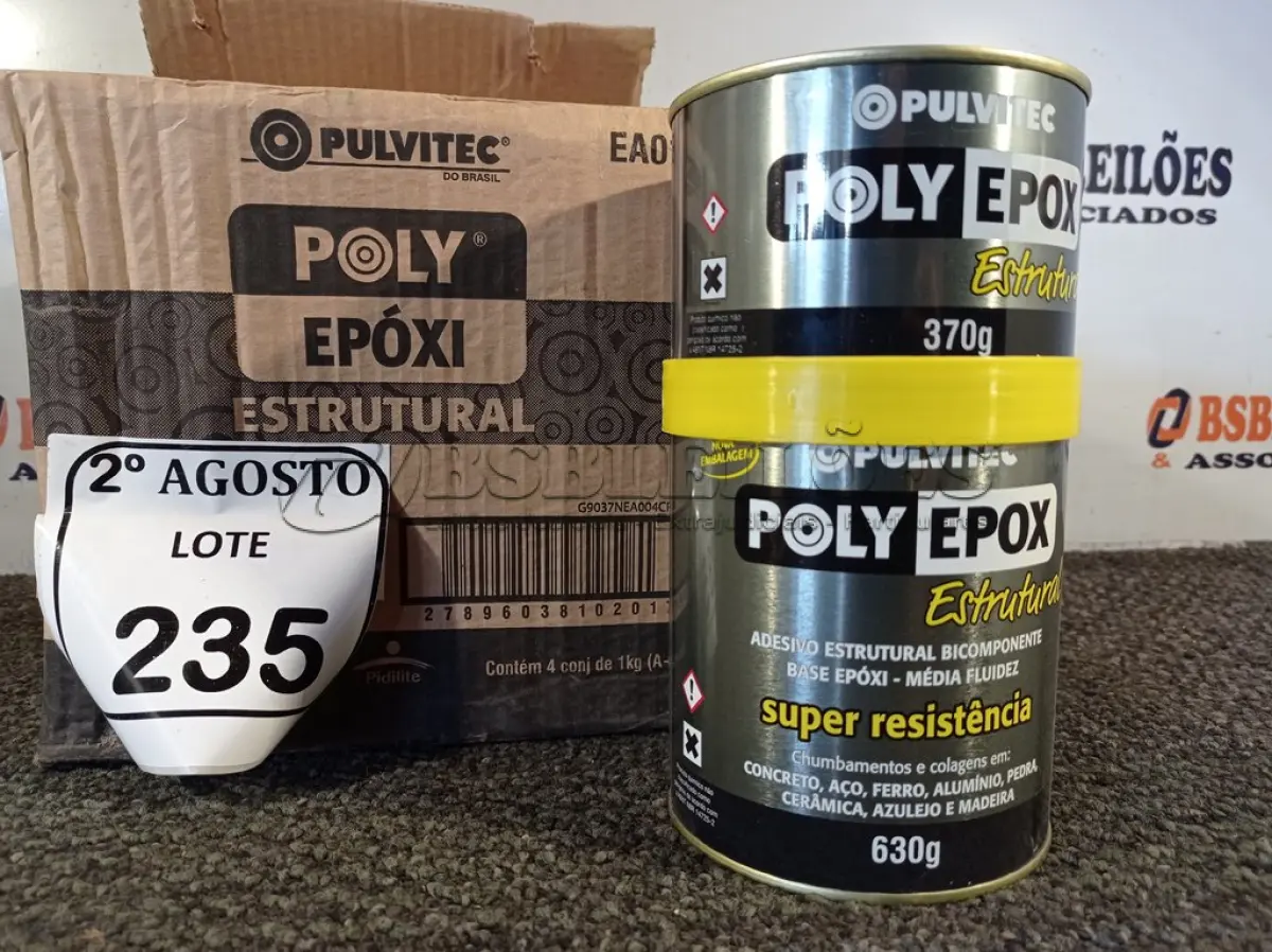 LOTE 235 - 04 ADESIVOS POLYEPOX 630G CADA. (NO ESTADO) ATENÇÃO! FAZER A VISITAÇÃO ANTES DE ARREMATAR, NÃO SABEMOS SE FUNCIONA. LEILÃO NÃO TEM GARANTIA E NEM DEVOLUÇÃO, SUJEITO A POSSÍVEIS AVARIAS VISÍVEIS/OCULTAS E/OU AUSÊNCIA DE COMPONENTES.