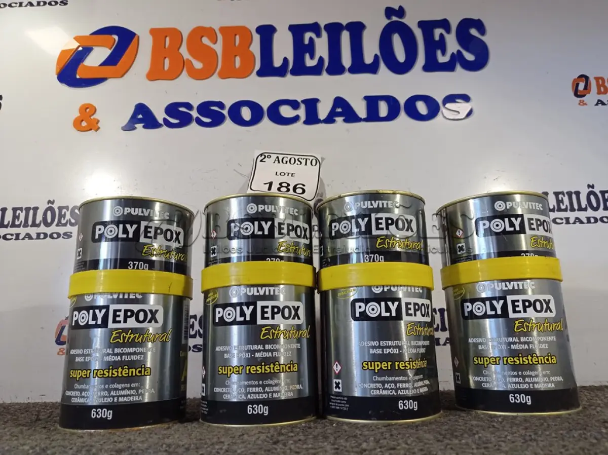 LOTE 186 - 04 ADESIVOS POLYEPOX 630G CADA. (NO ESTADO) ATENÇÃO! FAZER A VISITAÇÃO ANTES DE ARREMATAR, NÃO SABEMOS SE FUNCIONA. LEILÃO NÃO TEM GARANTIA E NEM DEVOLUÇÃO, SUJEITO A POSSÍVEIS AVARIAS VISÍVEIS/OCULTAS E/OU AUSÊNCIA DE COMPONENTES.