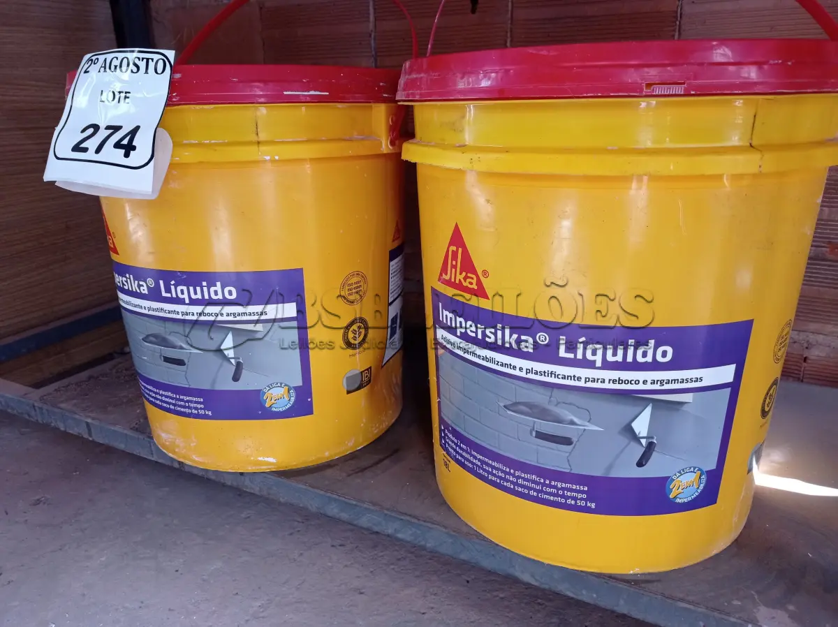 LOTE 274 - 02 BALDES DE IMPERSIKA LÍQUIDO ADITIVO PLASTIFICANTE PARA ARGAMASSA DE ASSENTAMENTO E REBOCO, 18 LITROS CADA. (NO ESTADO) ATENÇÃO! FAZER A VISITAÇÃO ANTES DE ARREMATAR, NÃO SABEMOS SE FUNCIONA. LEILÃO NÃO TEM GARANTIA E NEM DEVOLUÇÃO, SUJEITO A POSSÍVEIS AVARIAS VISÍVEIS/OCULTAS E/OU AUSÊNCIA DE COMPONENTES.