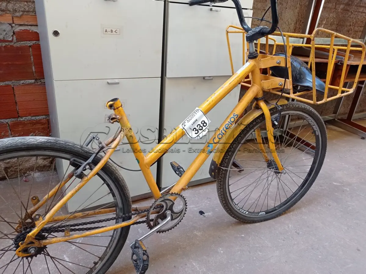 LOTE 338 - 01 BICICLETA ARO 26 CARGUEIRA NA COR AMARELA.  (NO ESTADO) ATENÇÃO! FAZER A VISITAÇÃO ANTES DE ARREMATAR, NÃO SABEMOS SE FUNCIONA. LEILÃO NÃO TEM GARANTIA E NEM DEVOLUÇÃO, SUJEITO A POSSÍVEIS AVARIAS VISÍVEIS/OCULTAS E/OU AUSÊNCIA DE COMPONENTES.