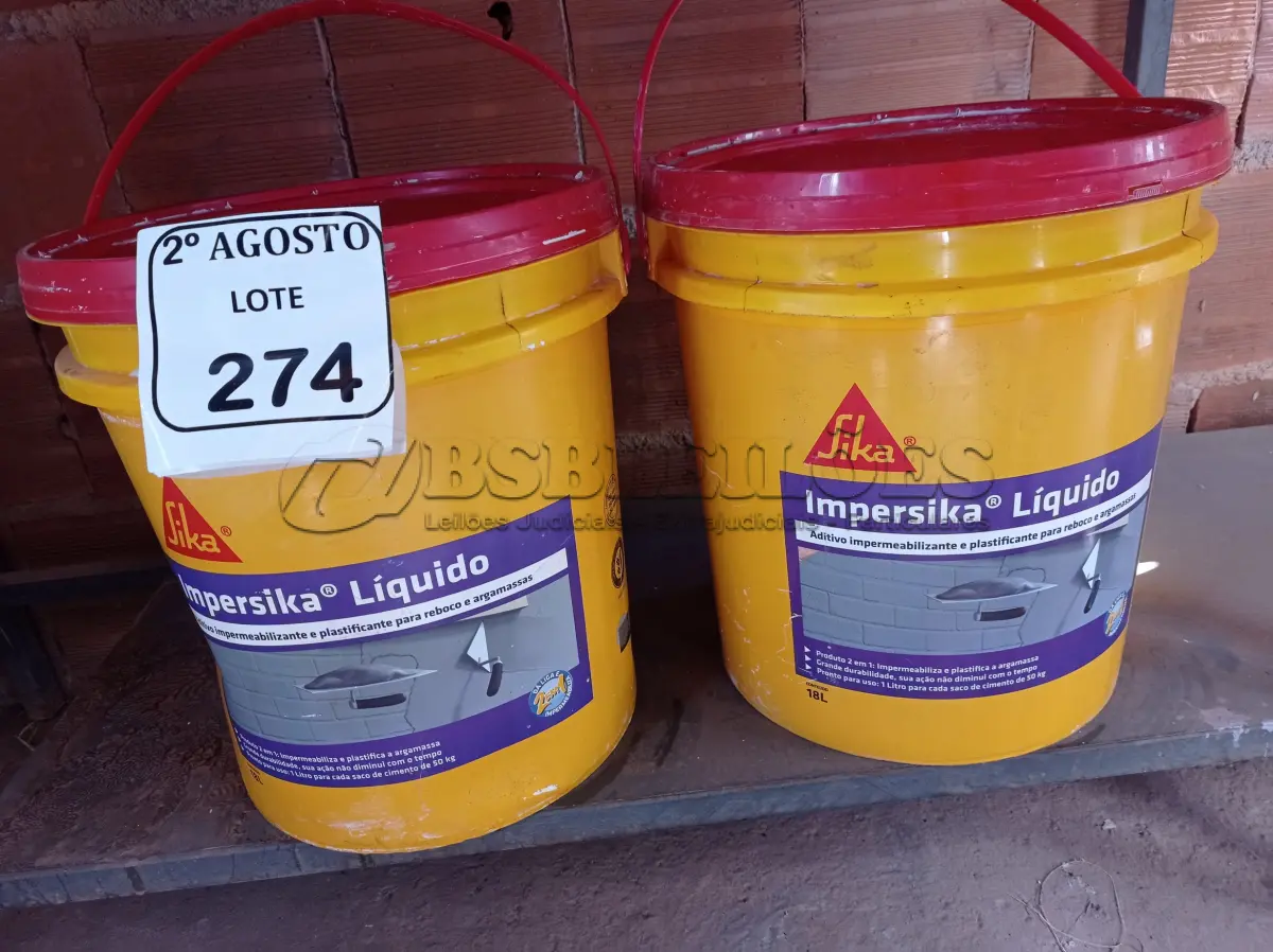 LOTE 274 - 02 BALDES DE IMPERSIKA LÍQUIDO ADITIVO PLASTIFICANTE PARA ARGAMASSA DE ASSENTAMENTO E REBOCO, 18 LITROS CADA. (NO ESTADO) ATENÇÃO! FAZER A VISITAÇÃO ANTES DE ARREMATAR, NÃO SABEMOS SE FUNCIONA. LEILÃO NÃO TEM GARANTIA E NEM DEVOLUÇÃO, SUJEITO A POSSÍVEIS AVARIAS VISÍVEIS/OCULTAS E/OU AUSÊNCIA DE COMPONENTES.