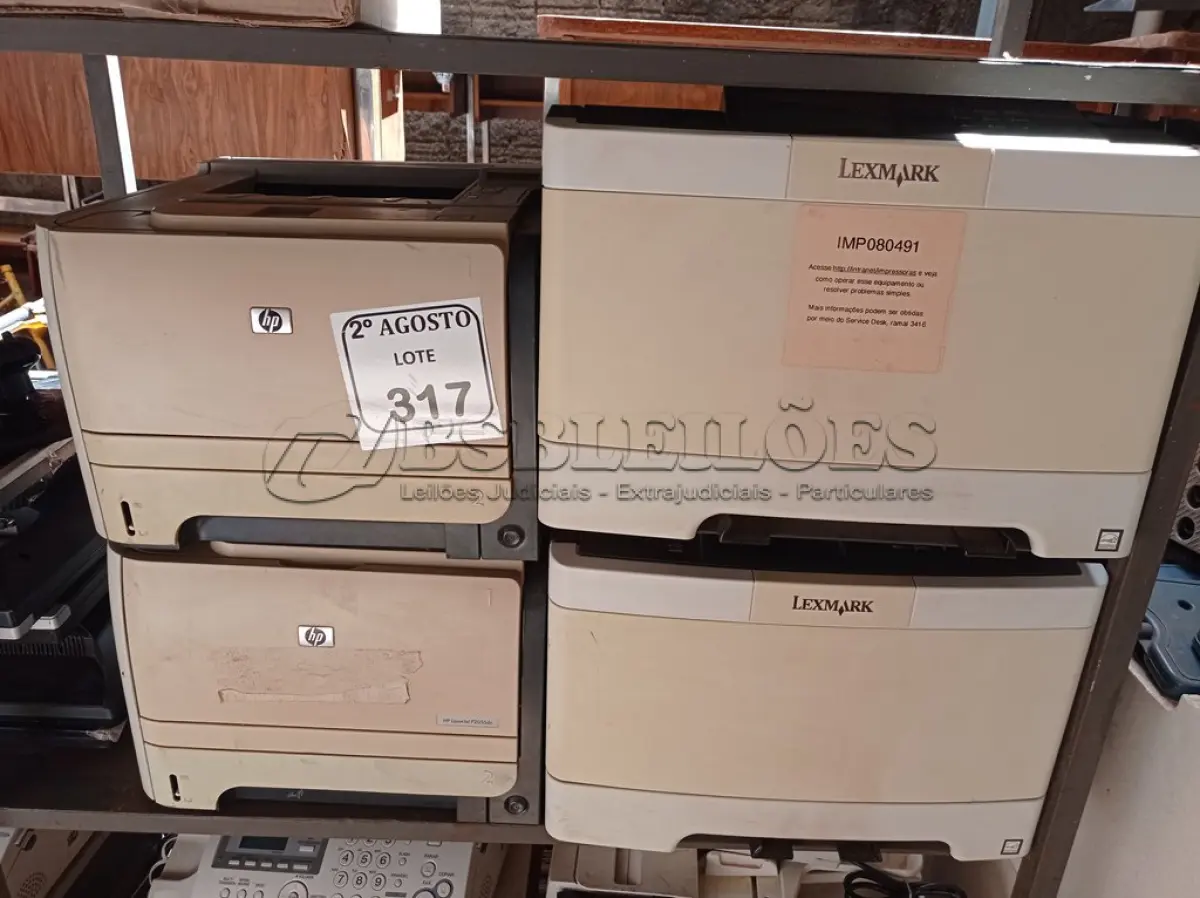 LOTE 317 - 04 IMPRESSORAS SENDO DUAS HP E DUAS LEXMAX. (NO ESTADO) ATENÇÃO! FAZER A VISITAÇÃO ANTES DE ARREMATAR, NÃO SABEMOS SE FUNCIONA. LEILÃO NÃO TEM GARANTIA E NEM DEVOLUÇÃO, SUJEITO A POSSÍVEIS AVARIAS VISÍVEIS/OCULTAS E/OU AUSÊNCIA DE COMPONENTES.