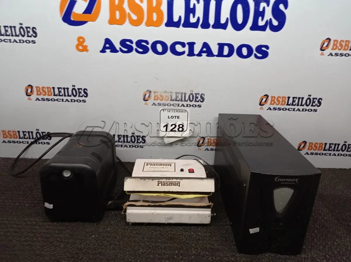 LOTE 128 - 01 NOBREAK, 01 ESTABILIZADOR E 01 SELADORA. (NO ESTADO) ATENÇÃO! FAZER A VISITAÇÃO ANTES DE ARREMATAR, NÃO SABEMOS SE FUNCIONA. LEILÃO NÃO TEM GARANTIA E NEM DEVOLUÇÃO, SUJEITO A POSSÍVEIS AVARIAS VISÍVEIS/OCULTAS E/OU AUSÊNCIA DE COMPONENTES.