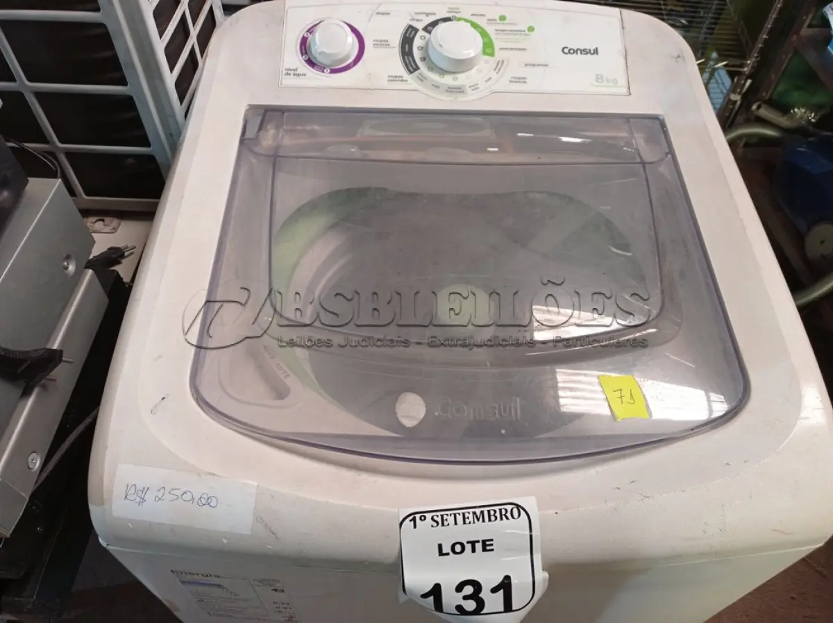 LOTE 131 - 01 MÁQUINA DE LAVARA DA MARCA CONSUL 8KG. (NO ESTADO) ATENÇÃO! FAZER A VISITAÇÃO ANTES DE ARREMATAR, NÃO SABEMOS SE FUNCIONA. LEILÃO NÃO TEM GARANTIA E NEM DEVOLUÇÃO, SUJEITO A POSSÍVEIS AVARIAS VISÍVEIS/OCULTAS E/OU AUSÊNCIA DE COMPONENTES.