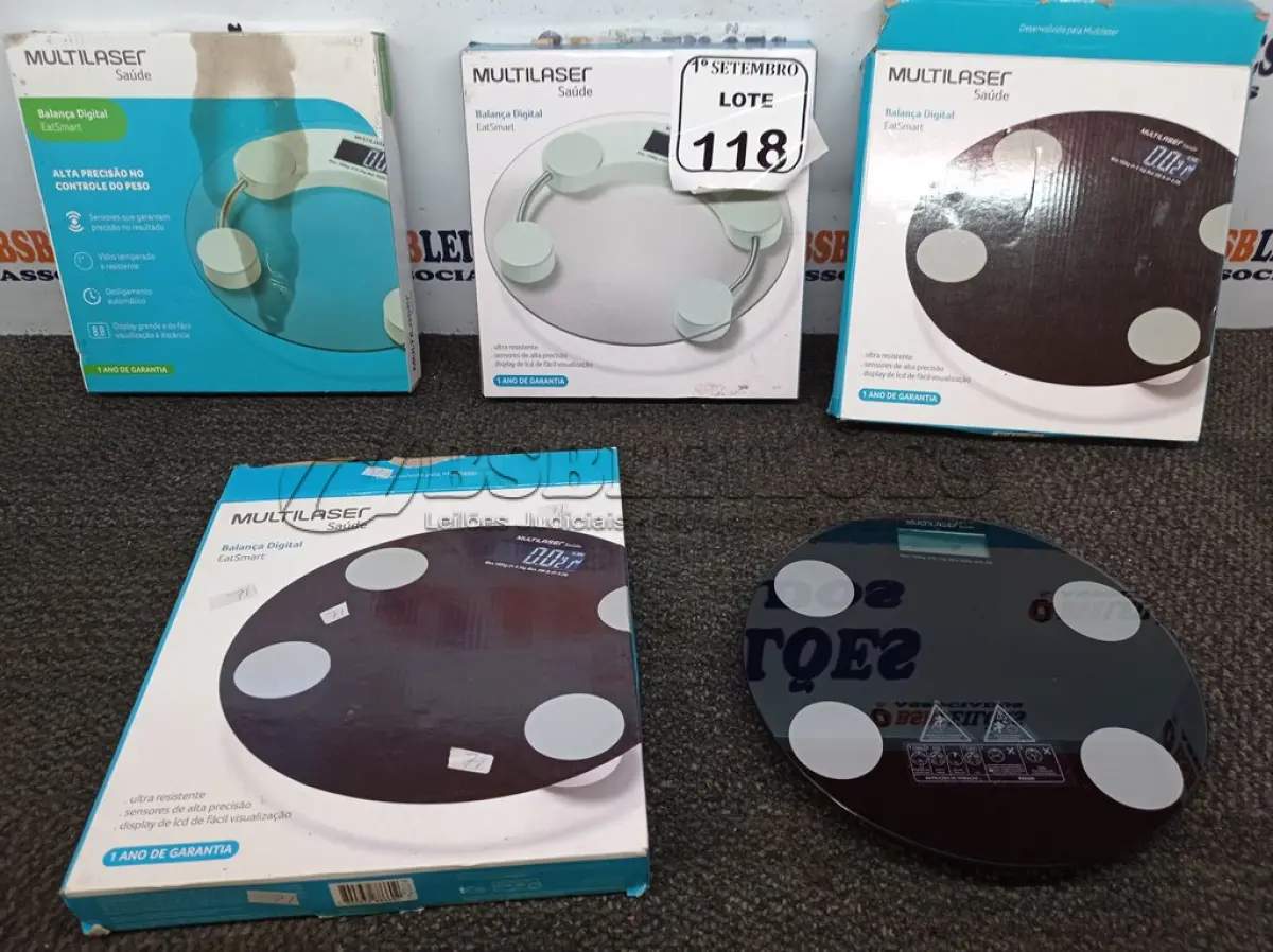 LOTE 118 - 04 BALANÇAS DIGITAIS MARCA MULTILASER. (NO ESTADO) ATENÇÃO! FAZER A VISITAÇÃO ANTES DE ARREMATAR, NÃO SABEMOS SE FUNCIONA. LEILÃO NÃO TEM GARANTIA E NEM DEVOLUÇÃO, SUJEITO A POSSÍVEIS AVARIAS VISÍVEIS/OCULTAS E/OU AUSÊNCIA DE COMPONENTES.