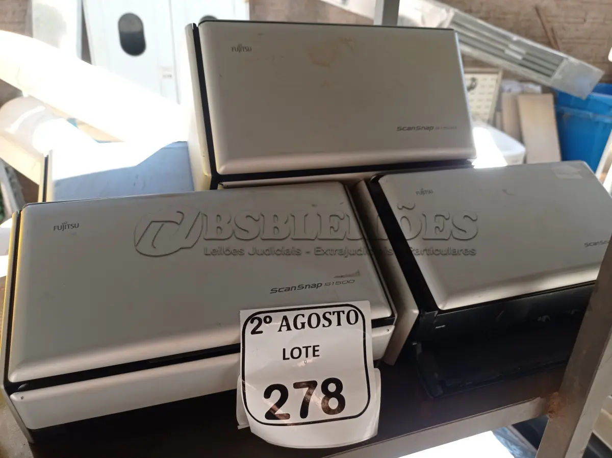 LOTE 278 - 05 SCANNERS DA MARCA FUJITSU. (NO ESTADO) ATENÇÃO! FAZER A VISITAÇÃO ANTES DE ARREMATAR, NÃO SABEMOS SE FUNCIONA. LEILÃO NÃO TEM GARANTIA E NEM DEVOLUÇÃO, SUJEITO A POSSÍVEIS AVARIAS VISÍVEIS/OCULTAS E/OU AUSÊNCIA DE COMPONENTES.