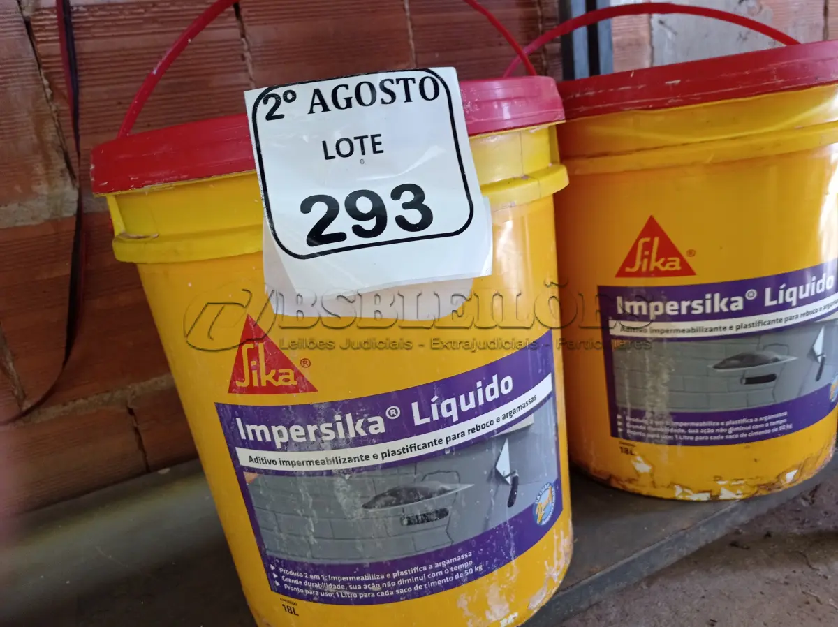 LOTE 293 - 02 BALDES DE IMPERSIKA LÍQUIDO ADITIVO PLASTIFICANTE PARA ARGAMASSA DE ASSENTAMENTO E REBOCO, 18 LITROS CADA. (NO ESTADO) ATENÇÃO! FAZER A VISITAÇÃO ANTES DE ARREMATAR, NÃO SABEMOS SE FUNCIONA. LEILÃO NÃO TEM GARANTIA E NEM DEVOLUÇÃO, SUJEITO A POSSÍVEIS AVARIAS VISÍVEIS/OCULTAS E/OU AUSÊNCIA DE COMPONENTES.