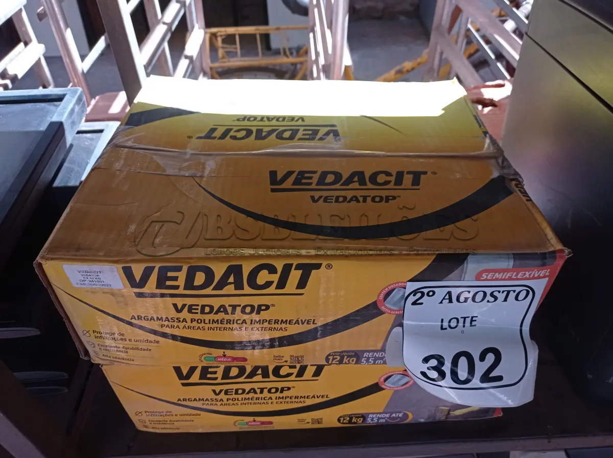 LOTE 302 - 02 VEDACIT ARGAMASSA POLIMÉRICA IMPERMEÁVEL 12KGS CADA. (NO ESTADO) ATENÇÃO! FAZER A VISITAÇÃO ANTES DE ARREMATAR, NÃO SABEMOS SE FUNCIONA. LEILÃO NÃO TEM GARANTIA E NEM DEVOLUÇÃO, SUJEITO A POSSÍVEIS AVARIAS VISÍVEIS/OCULTAS E/OU AUSÊNCIA DE COMPONENTES.