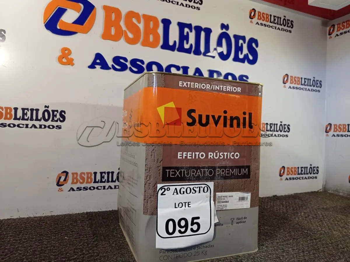 LOTE 095 - 01 LATA DE TINTA TEXTURATTO PREMIUM EFEITO RÚSTICO INTERIOR/EXTERIOR SUVINIL 25KG. (NO ESTADO) ATENÇÃO! FAZER A VISITAÇÃO ANTES DE ARREMATAR, NÃO SABEMOS SE FUNCIONA. LEILÃO NÃO TEM GARANTIA E NEM DEVOLUÇÃO, SUJEITO A POSSÍVEIS AVARIAS VISÍVEIS/OCULTAS E/OU AUSÊNCIA DE COMPONENTES.