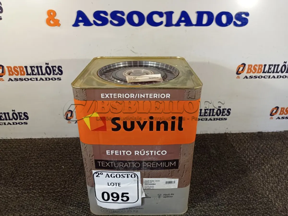 LOTE 095 - 01 LATA DE TINTA TEXTURATTO PREMIUM EFEITO RÚSTICO INTERIOR/EXTERIOR SUVINIL 25KG. (NO ESTADO) ATENÇÃO! FAZER A VISITAÇÃO ANTES DE ARREMATAR, NÃO SABEMOS SE FUNCIONA. LEILÃO NÃO TEM GARANTIA E NEM DEVOLUÇÃO, SUJEITO A POSSÍVEIS AVARIAS VISÍVEIS/OCULTAS E/OU AUSÊNCIA DE COMPONENTES.
