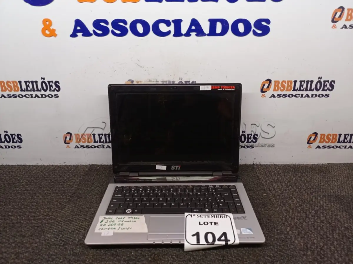 LOTE 104 - 01 NOTEBOOK MARCA STI. (NO ESTADO) ATENÇÃO! FAZER A VISITAÇÃO ANTES DE ARREMATAR, NÃO SABEMOS SE FUNCIONA. LEILÃO NÃO TEM GARANTIA E NEM DEVOLUÇÃO, SUJEITO A POSSÍVEIS AVARIAS VISÍVEIS/OCULTAS E/OU AUSÊNCIA DE COMPONENTES.