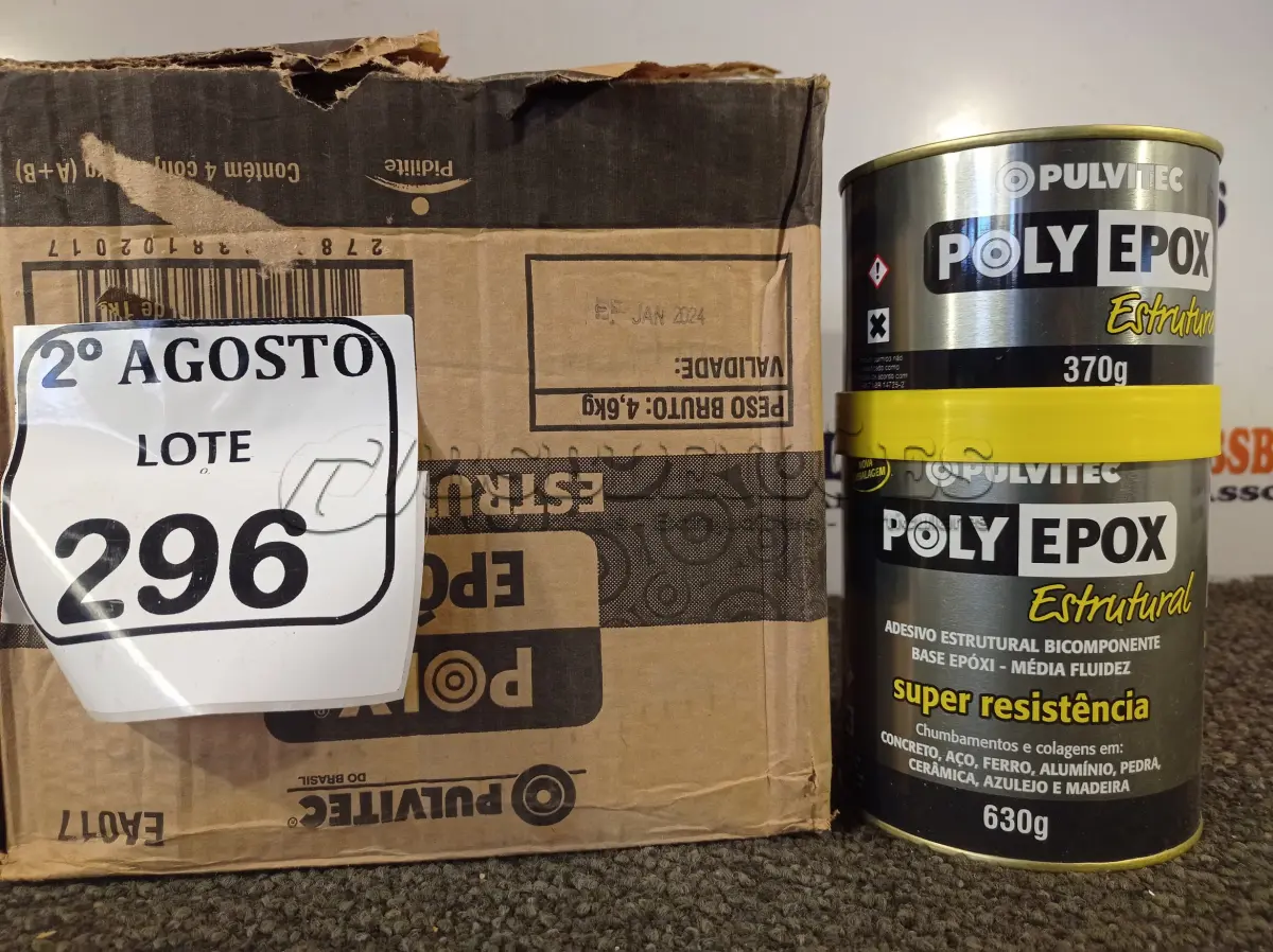 LOTE 296 - 04 ADESIVOS POLYEPOX 630G CADA. (NO ESTADO) ATENÇÃO! FAZER A VISITAÇÃO ANTES DE ARREMATAR, NÃO SABEMOS SE FUNCIONA. LEILÃO NÃO TEM GARANTIA E NEM DEVOLUÇÃO, SUJEITO A POSSÍVEIS AVARIAS VISÍVEIS/OCULTAS E/OU AUSÊNCIA DE COMPONENTES.