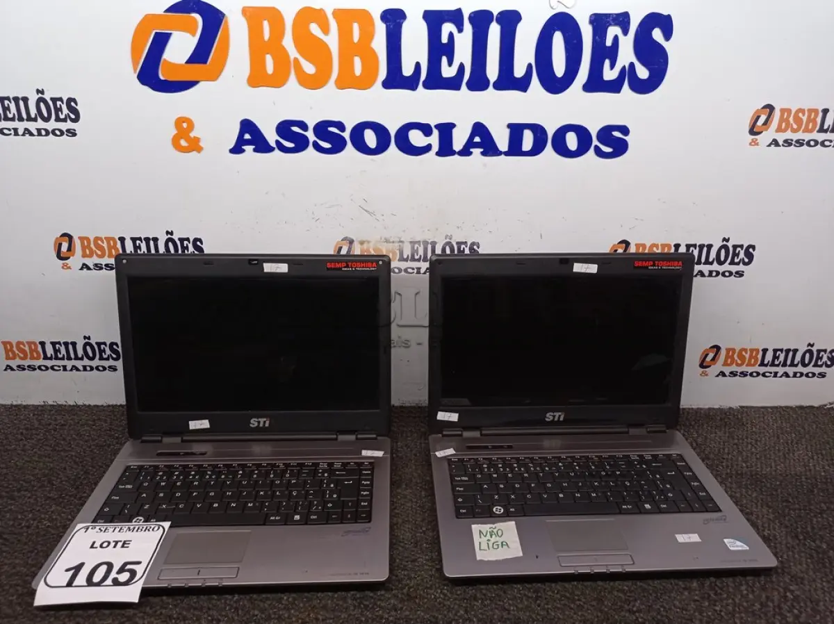 LOTE 105 - 02 NOTEBOOKS MARCA STI PARA A RETIRADA DE PEÇAS. (NO ESTADO) ATENÇÃO! FAZER A VISITAÇÃO ANTES DE ARREMATAR, NÃO SABEMOS SE FUNCIONA. LEILÃO NÃO TEM GARANTIA E NEM DEVOLUÇÃO, SUJEITO A POSSÍVEIS AVARIAS VISÍVEIS/OCULTAS E/OU AUSÊNCIA DE COMPONENTES.