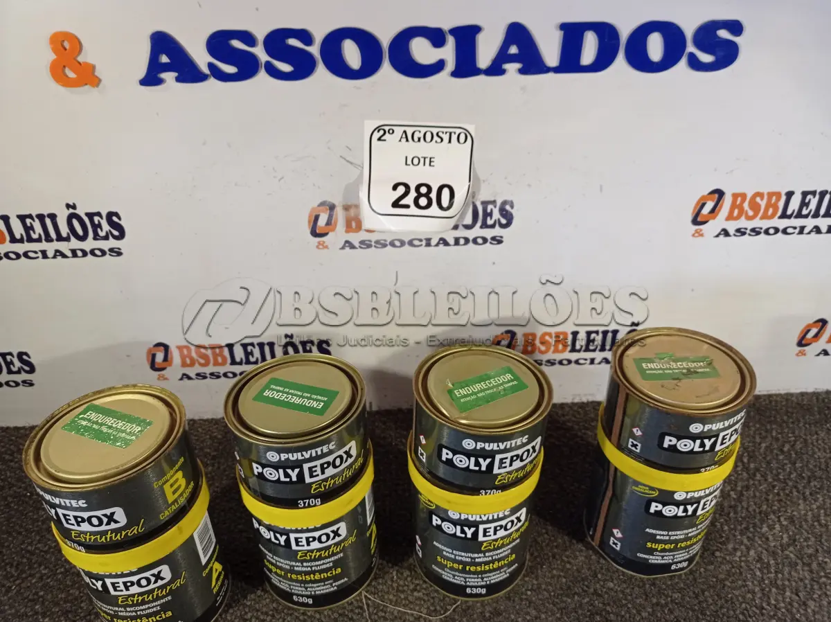 LOTE 280 - 04 ADESIVOS POLYEPOX 630G CADA. (NO ESTADO) ATENÇÃO! FAZER A VISITAÇÃO ANTES DE ARREMATAR, NÃO SABEMOS SE FUNCIONA. LEILÃO NÃO TEM GARANTIA E NEM DEVOLUÇÃO, SUJEITO A POSSÍVEIS AVARIAS VISÍVEIS/OCULTAS E/OU AUSÊNCIA DE COMPONENTES.