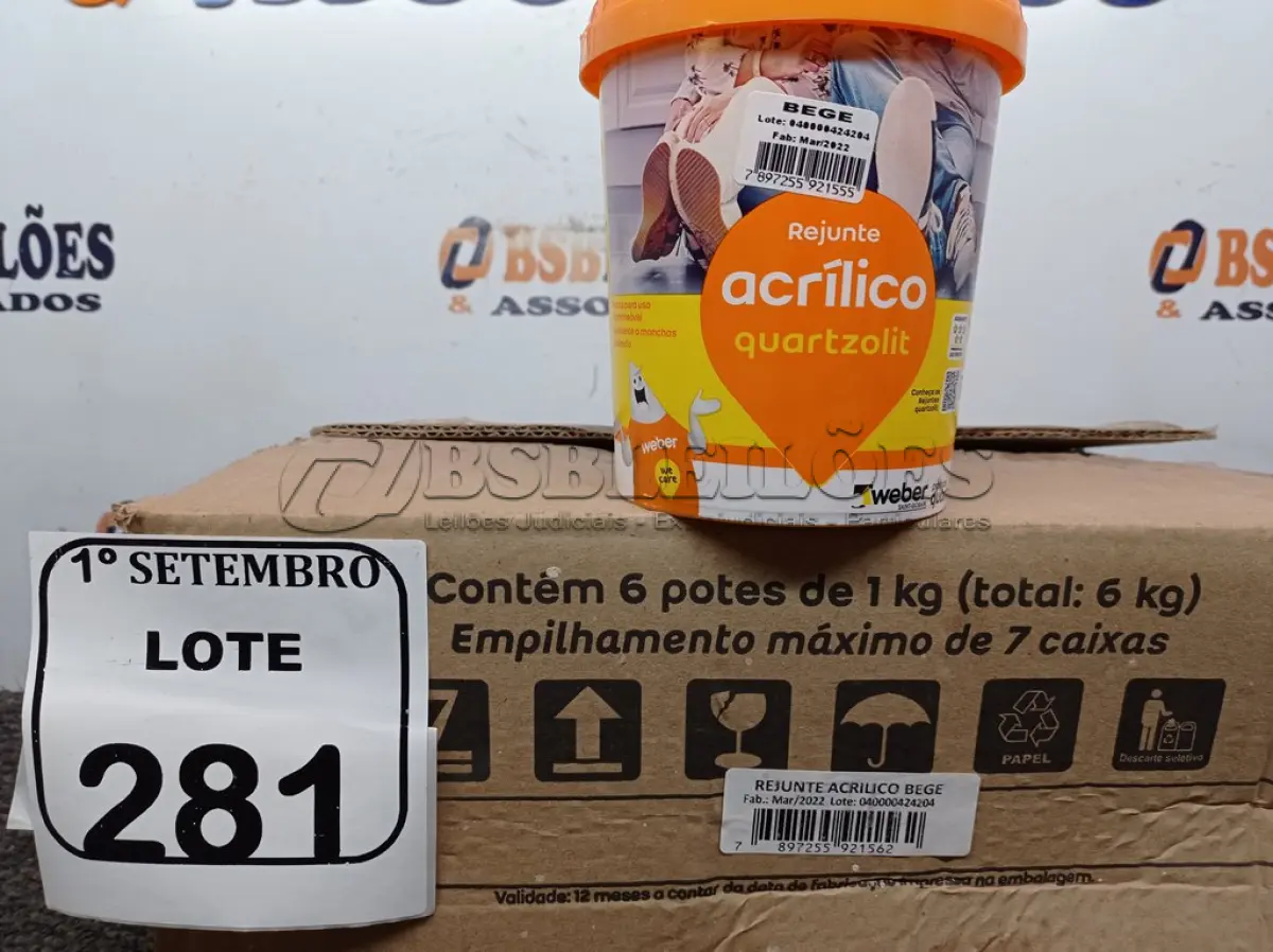 LOTE 281 - 06 REJUNTES ACRÍLICO NA COR CORDA DE 01KG CADA. (NO ESTADO) ATENÇÃO! FAZER A VISITAÇÃO ANTES DE ARREMATAR, NÃO SABEMOS SE FUNCIONA. LEILÃO NÃO TEM GARANTIA E NEM DEVOLUÇÃO, SUJEITO A POSSÍVEIS AVARIAS VISÍVEIS/OCULTAS E/OU AUSÊNCIA DE COMPONENTES.