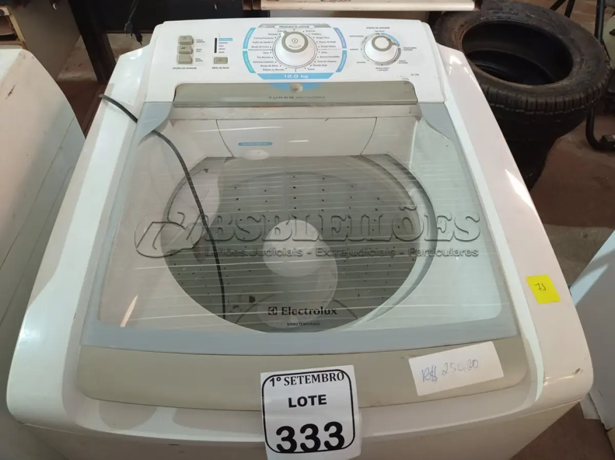 LOTE 333 - 01 MÁQUINA DE LAVAR ELECTROLUX. (NO ESTADO) ATENÇÃO! FAZER A VISITAÇÃO ANTES DE ARREMATAR, NÃO SABEMOS SE FUNCIONA. LEILÃO NÃO TEM GARANTIA E NEM DEVOLUÇÃO, SUJEITO A POSSÍVEIS AVARIAS VISÍVEIS/OCULTAS E/OU AUSÊNCIA DE COMPONENTES.