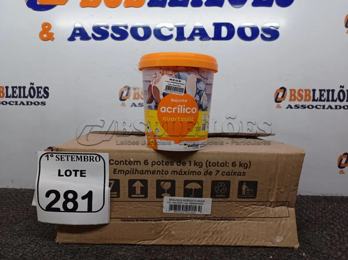 LOTE 281 - 06 REJUNTES ACRÍLICO NA COR CORDA DE 01KG CADA. (NO ESTADO) ATENÇÃO! FAZER A VISITAÇÃO ANTES DE ARREMATAR, NÃO SABEMOS SE FUNCIONA. LEILÃO NÃO TEM GARANTIA E NEM DEVOLUÇÃO, SUJEITO A POSSÍVEIS AVARIAS VISÍVEIS/OCULTAS E/OU AUSÊNCIA DE COMPONENTES.