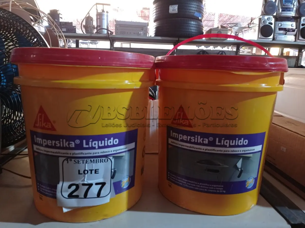 LOTE 277 - 02 BALDES DE IMPERSIKA LÍQUIDO, IMPERMEABILIZANTE E PLASTIFICANTE 18L CADA. (NO ESTADO) ATENÇÃO! FAZER A VISITAÇÃO ANTES DE ARREMATAR, NÃO SABEMOS SE FUNCIONA. LEILÃO NÃO TEM GARANTIA E NEM DEVOLUÇÃO, SUJEITO A POSSÍVEIS AVARIAS VISÍVEIS/OCULTAS E/OU AUSÊNCIA DE COMPONENTES.