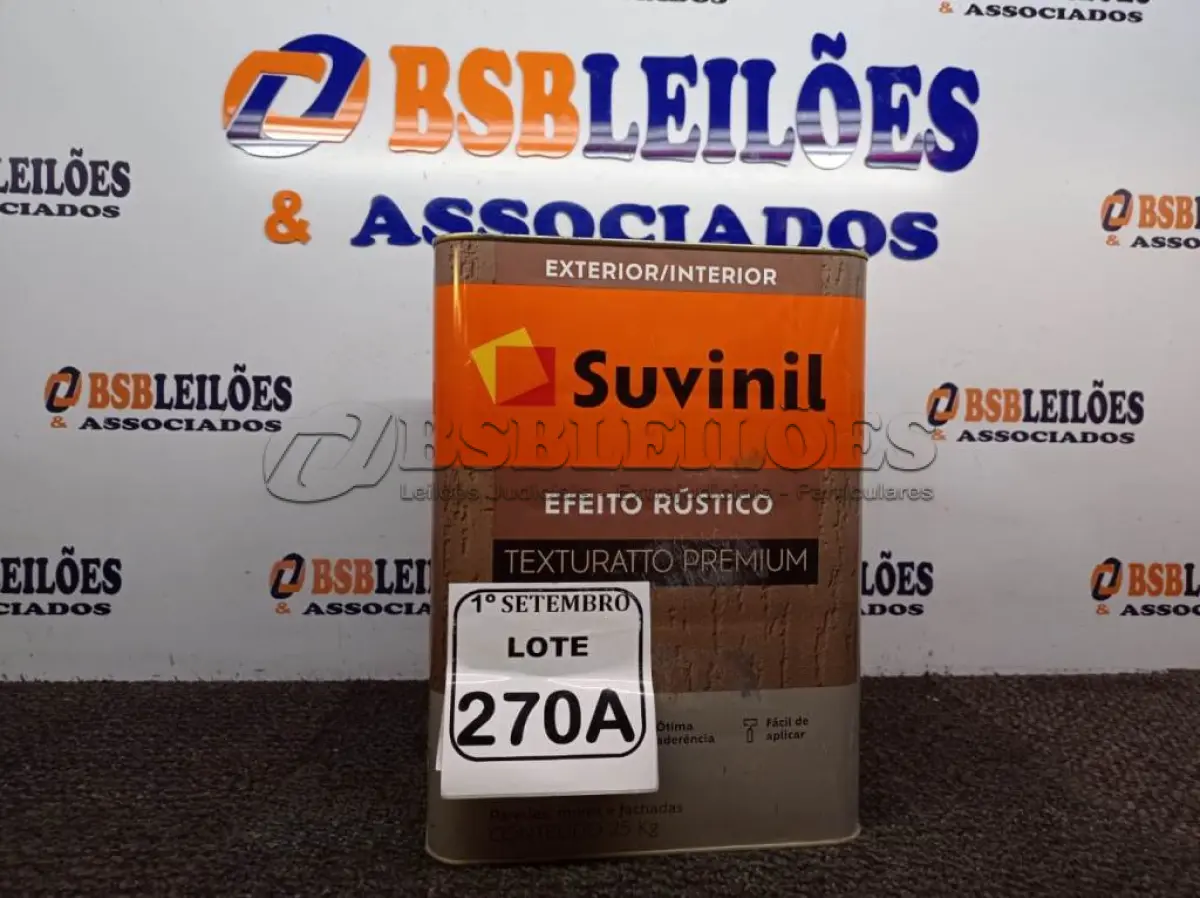 LOTE 270 - 01 LATA DE TINTA TEXTURATTO PREMIUM EFEITO RÚSTICO INTERIOR/EXTERIOR SUVINIL 25KG. (NO ESTADO) ATENÇÃO! FAZER A VISITAÇÃO ANTES DE ARREMATAR, NÃO SABEMOS SE FUNCIONA. LEILÃO NÃO TEM GARANTIA E NEM DEVOLUÇÃO, SUJEITO A POSSÍVEIS AVARIAS VISÍVEIS/OCULTAS E/OU AUSÊNCIA DE COMPONENTES.