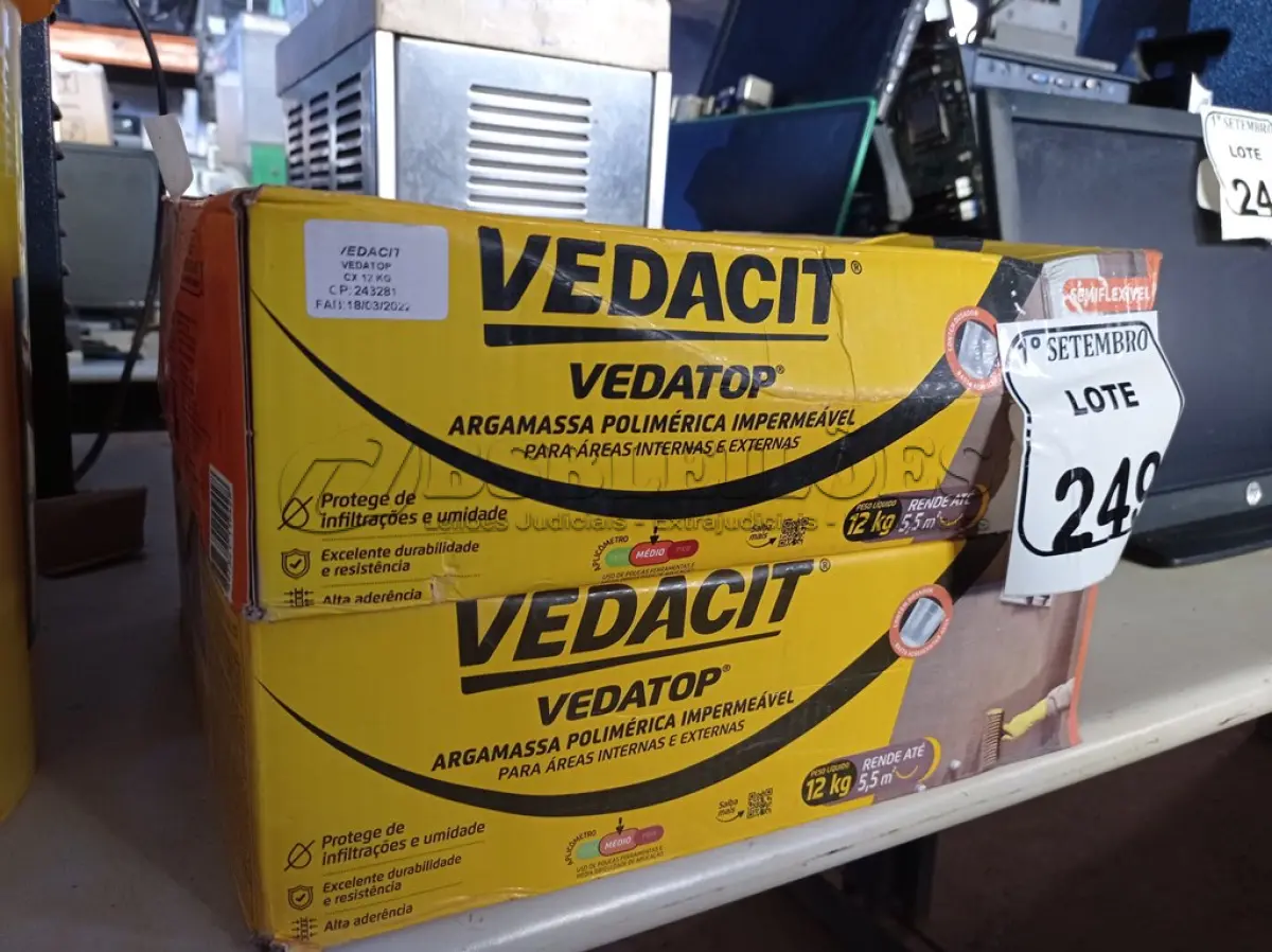 LOTE 249 - 02 CAIXAS DE VEDACIT ARGAMASSA POLIMÉRICA IMPERMEÁVEL 12KG CADA. (NO ESTADO) ATENÇÃO! FAZER A VISITAÇÃO ANTES DE ARREMATAR, NÃO SABEMOS SE FUNCIONA. LEILÃO NÃO TEM GARANTIA E NEM DEVOLUÇÃO, SUJEITO A POSSÍVEIS AVARIAS VISÍVEIS/OCULTAS E/OU AUSÊNCIA DE COMPONENTES.