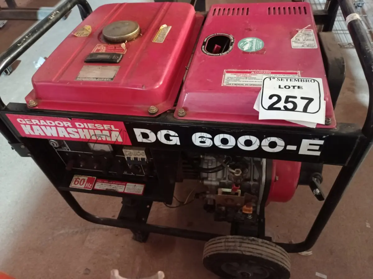 LOTE 257 - 01 GERADOR A DIESEL MARCA KAWASHIMA MODELO DG 6000-E. (NO ESTADO) ATENÇÃO! FAZER A VISITAÇÃO ANTES DE ARREMATAR, NÃO SABEMOS SE FUNCIONA. LEILÃO NÃO TEM GARANTIA E NEM DEVOLUÇÃO, SUJEITO A POSSÍVEIS AVARIAS VISÍVEIS/OCULTAS E/OU AUSÊNCIA DE COMPONENTES.