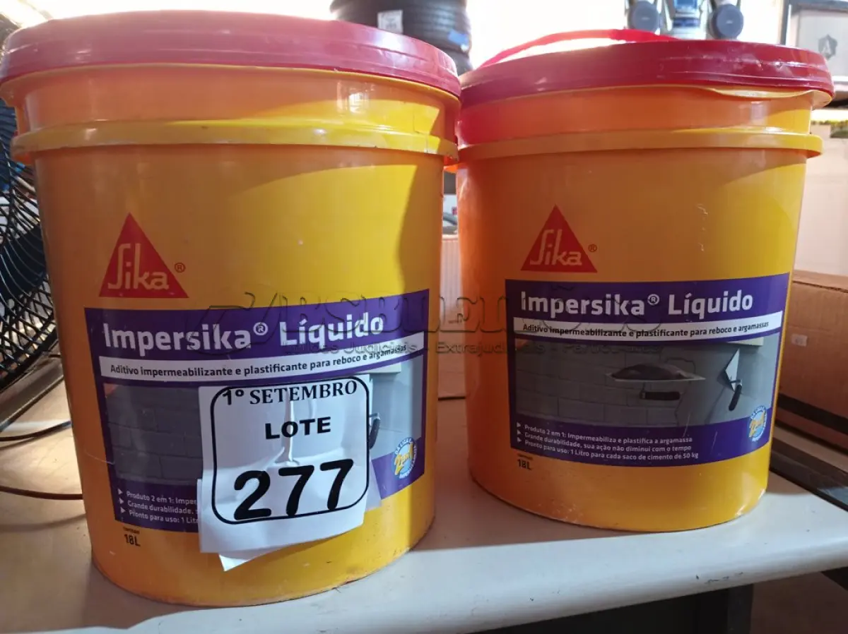 LOTE 277 - 02 BALDES DE IMPERSIKA LÍQUIDO, IMPERMEABILIZANTE E PLASTIFICANTE 18L CADA. (NO ESTADO) ATENÇÃO! FAZER A VISITAÇÃO ANTES DE ARREMATAR, NÃO SABEMOS SE FUNCIONA. LEILÃO NÃO TEM GARANTIA E NEM DEVOLUÇÃO, SUJEITO A POSSÍVEIS AVARIAS VISÍVEIS/OCULTAS E/OU AUSÊNCIA DE COMPONENTES.