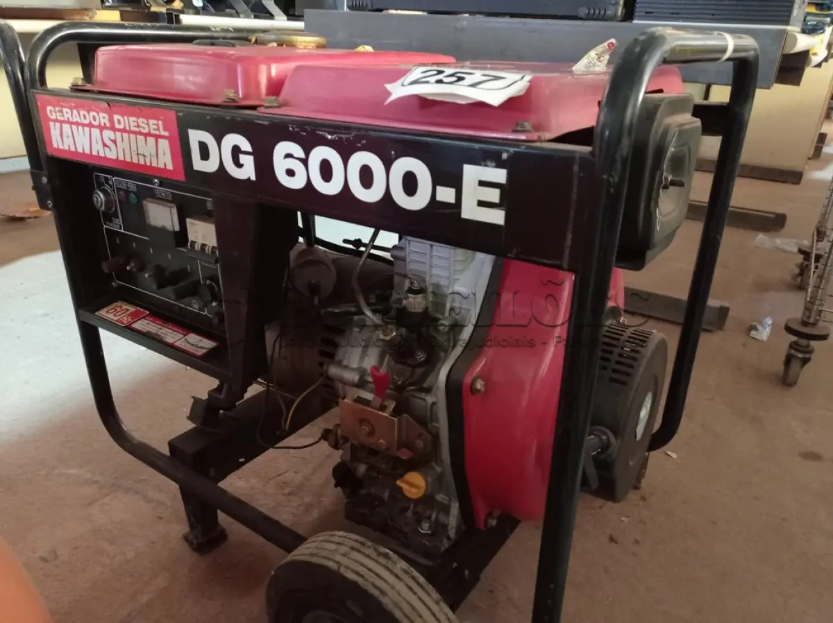 LOTE 257 - 01 GERADOR A DIESEL MARCA KAWASHIMA MODELO DG 6000-E. (NO ESTADO) ATENÇÃO! FAZER A VISITAÇÃO ANTES DE ARREMATAR, NÃO SABEMOS SE FUNCIONA. LEILÃO NÃO TEM GARANTIA E NEM DEVOLUÇÃO, SUJEITO A POSSÍVEIS AVARIAS VISÍVEIS/OCULTAS E/OU AUSÊNCIA DE COMPONENTES.