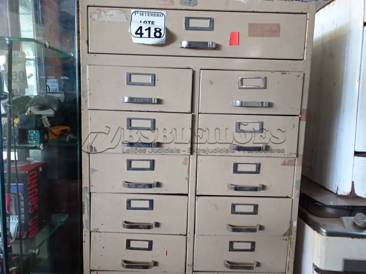 LOTE 418 - 01 FICHÁRIO EM AÇO COM 21 GAVETAS. (NO ESTADO) ATENÇÃO! FAZER A VISITAÇÃO ANTES DE ARREMATAR, NÃO SABEMOS SE FUNCIONA. LEILÃO NÃO TEM GARANTIA E NEM DEVOLUÇÃO, SUJEITO A POSSÍVEIS AVARIAS VISÍVEIS/OCULTAS E/OU AUSÊNCIA DE COMPONENTES.