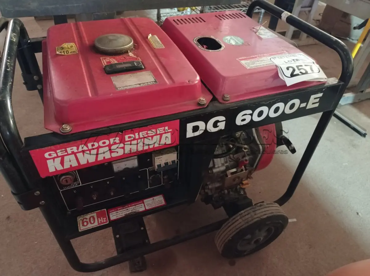 LOTE 257 - 01 GERADOR A DIESEL MARCA KAWASHIMA MODELO DG 6000-E. (NO ESTADO) ATENÇÃO! FAZER A VISITAÇÃO ANTES DE ARREMATAR, NÃO SABEMOS SE FUNCIONA. LEILÃO NÃO TEM GARANTIA E NEM DEVOLUÇÃO, SUJEITO A POSSÍVEIS AVARIAS VISÍVEIS/OCULTAS E/OU AUSÊNCIA DE COMPONENTES.