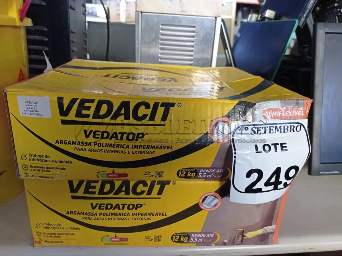 LOTE 249 - 02 CAIXAS DE VEDACIT ARGAMASSA POLIMÉRICA IMPERMEÁVEL 12KG CADA. (NO ESTADO) ATENÇÃO! FAZER A VISITAÇÃO ANTES DE ARREMATAR, NÃO SABEMOS SE FUNCIONA. LEILÃO NÃO TEM GARANTIA E NEM DEVOLUÇÃO, SUJEITO A POSSÍVEIS AVARIAS VISÍVEIS/OCULTAS E/OU AUSÊNCIA DE COMPONENTES.