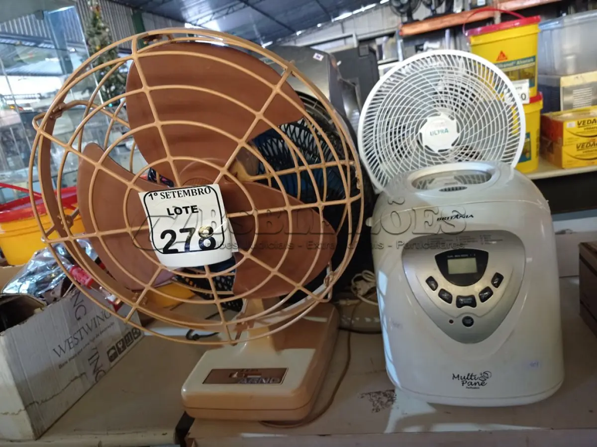 LOTE 278 - 01 PANIFICADORA, 01 CLIMATIZADOR E 03 VENTILADORES MARCAS E MODELOS DIVERSOS. (NO ESTADO) ATENÇÃO! FAZER A VISITAÇÃO ANTES DE ARREMATAR, NÃO SABEMOS SE FUNCIONA. LEILÃO NÃO TEM GARANTIA E NEM DEVOLUÇÃO, SUJEITO A POSSÍVEIS AVARIAS VISÍVEIS/OCULTAS E/OU AUSÊNCIA DE COMPONENTES.
