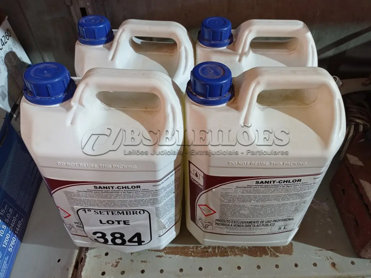 LOTE 384 - 04 GALÕES DE DESINFETANTES SANIT CHOLOR 5LITORS CADA. (NO ESTADO) ATENÇÃO! FAZER A VISITAÇÃO ANTES DE ARREMATAR, NÃO SABEMOS SE FUNCIONA. LEILÃO NÃO TEM GARANTIA E NEM DEVOLUÇÃO, SUJEITO A POSSÍVEIS AVARIAS VISÍVEIS/OCULTAS E/OU AUSÊNCIA DE COMPONENTES.