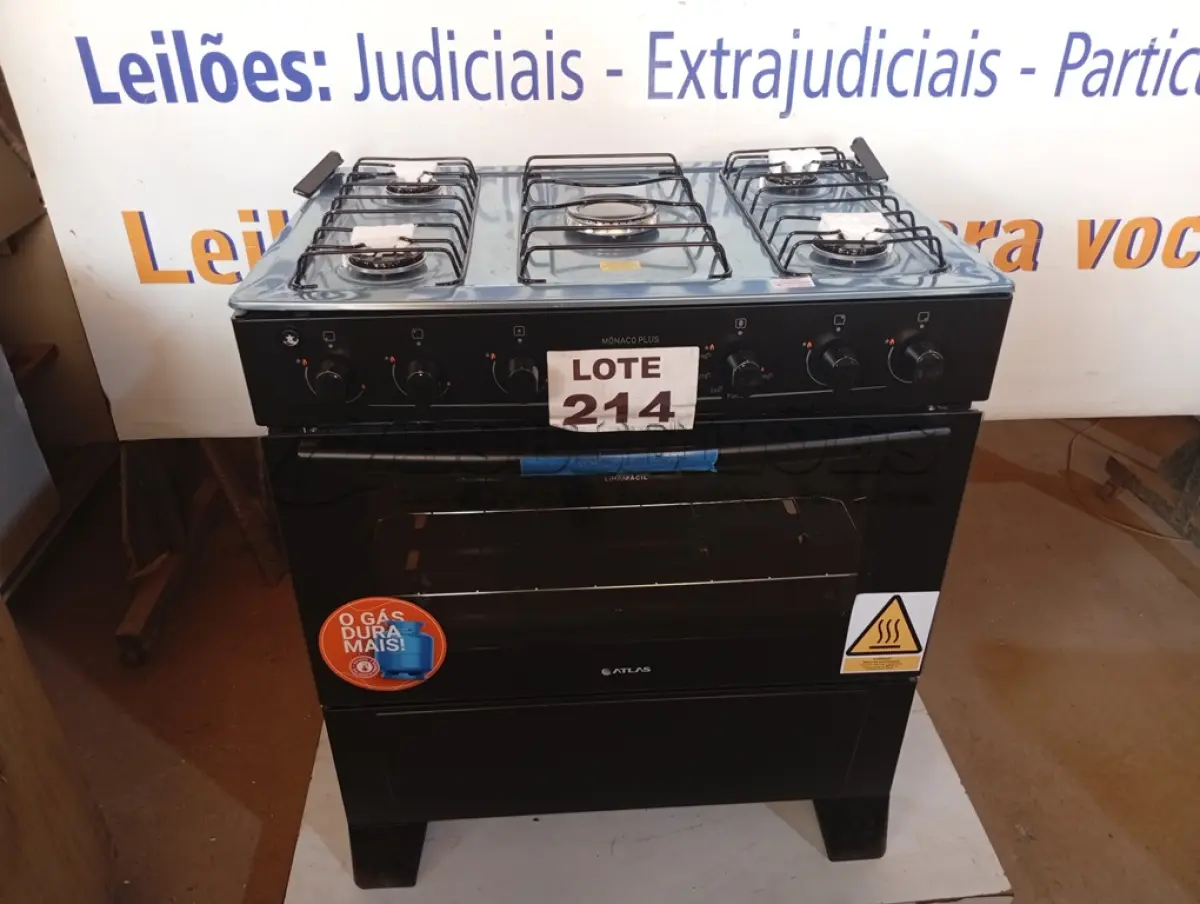 LOTE 214 - 01 - FOGÃO 5 BOCAS PRETO COM MESA INOX ATLAS MÔNACO PLUS BIVOLT (NO ESTADO, NÃO SABEMOS SE FUNCIONA. LEILÃO NÃO TEM GARANTIA E NEM DEVOLUÇÃO, SUJEITO A POSSÍVEIS AVARIAS VISÍVEIS/OCULTAS E/OU AUSÊNCIA DE COMPONENTES)