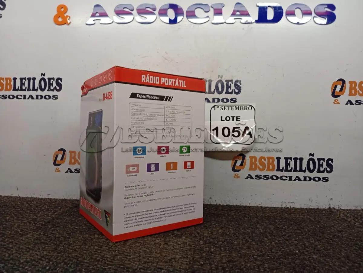 LOTE 105 - 01 RÁDIO PORTÁTIL COM BLUETOOTH MARCA GRASEP MODELO D-4138 (NOVO) (NO ESTADO) ATENÇÃO! FAZER A VISITAÇÃO ANTES DE ARREMATAR, NÃO SABEMOS SE FUNCIONA. LEILÃO NÃO TEM GARANTIA E NEM DEVOLUÇÃO, SUJEITO A POSSÍVEIS AVARIAS VISÍVEIS/OCULTAS E/OU AUSÊNCIA DE COMPONENTES.