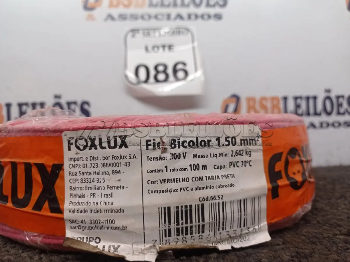 LOTE 086 - 01 ROLO FIO BICOLOR 1,5MM 2X14 100 MT FOXLUX/FAMASTIL (NO ESTADO) ATENÇÃO! FAZER A VISITAÇÃO ANTES DE ARREMATAR, NÃO SABEMOS SE FUNCIONA. LEILÃO NÃO TEM GARANTIA E NEM DEVOLUÇÃO, SUJEITO A POSSÍVEIS AVARIAS VISÍVEIS/OCULTAS E/OU AUSÊNCIA DE COMPONENTES.