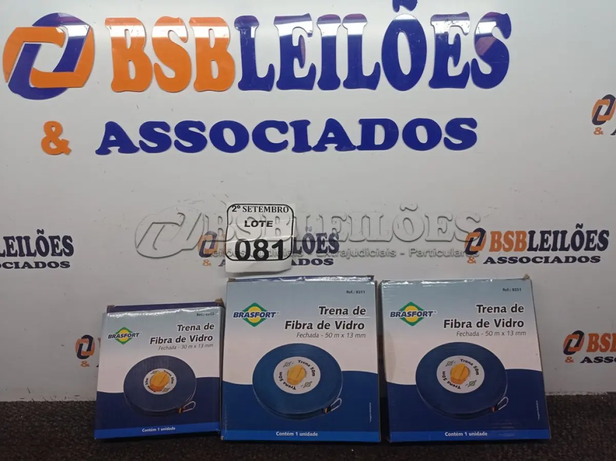 LOTE 081 - 02 TRENA FIBRA VIDRO 50M X 13MM (FECHADA) BRASFORT E 01 TRENA FIBRA VIDRO 30M X 13MM (FECHADA) BRASFORT (NO ESTADO) ATENÇÃO! FAZER A VISITAÇÃO ANTES DE ARREMATAR, NÃO SABEMOS SE FUNCIONA. LEILÃO NÃO TEM GARANTIA E NEM DEVOLUÇÃO, SUJEITO A POSSÍVEIS AVARIAS VISÍVEIS/OCULTAS E/OU AUSÊNCIA DE COMPONENTES.
