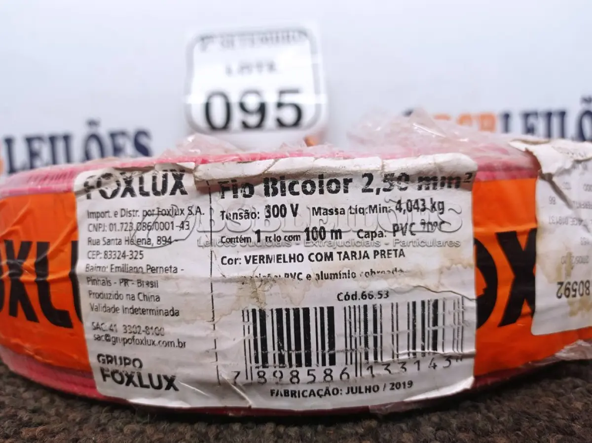 LOTE 095 - 01 ROLO FIO BICOLOR 2,5MM 2X12 100 MT FOXLUX/FAMASTIL. (NO ESTADO) ATENÇÃO! FAZER A VISITAÇÃO ANTES DE ARREMATAR, NÃO SABEMOS SE FUNCIONA. LEILÃO NÃO TEM GARANTIA E NEM DEVOLUÇÃO, SUJEITO A POSSÍVEIS AVARIAS VISÍVEIS/OCULTAS E/OU AUSÊNCIA DE COMPONENTES.