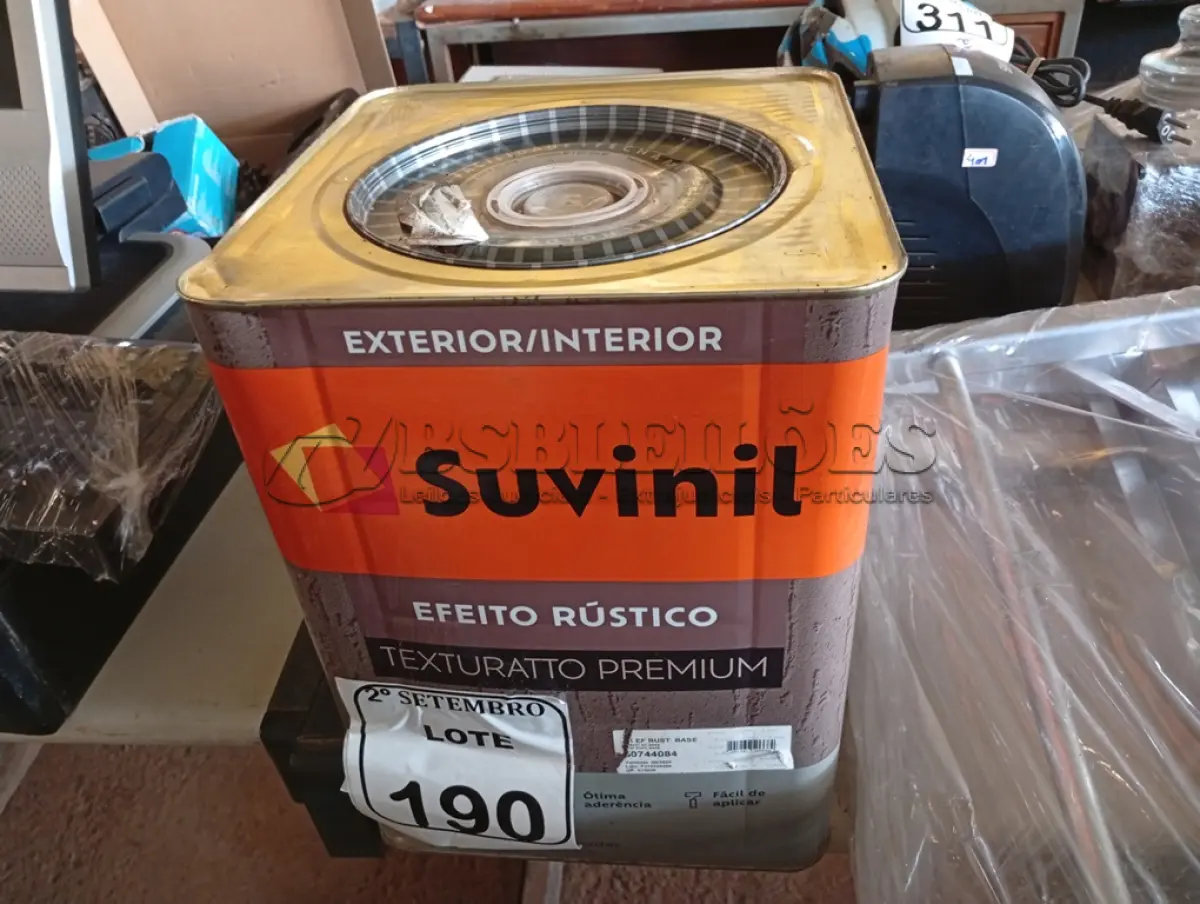 LOTE 190 - 01 LATA DE TINTA SUVINIL EFEITO RUSTICO TEXTURIZADO PRETO 25KG. (NO ESTADO) ATENÇÃO! FAZER A VISITAÇÃO ANTES DE ARREMATAR, NÃO SABEMOS SE FUNCIONA. LEILÃO NÃO TEM GARANTIA E NEM DEVOLUÇÃO, SUJEITO A POSSÍVEIS AVARIAS VISÍVEIS/OCULTAS E/OU AUSÊNCIA DE COMPONENTES.