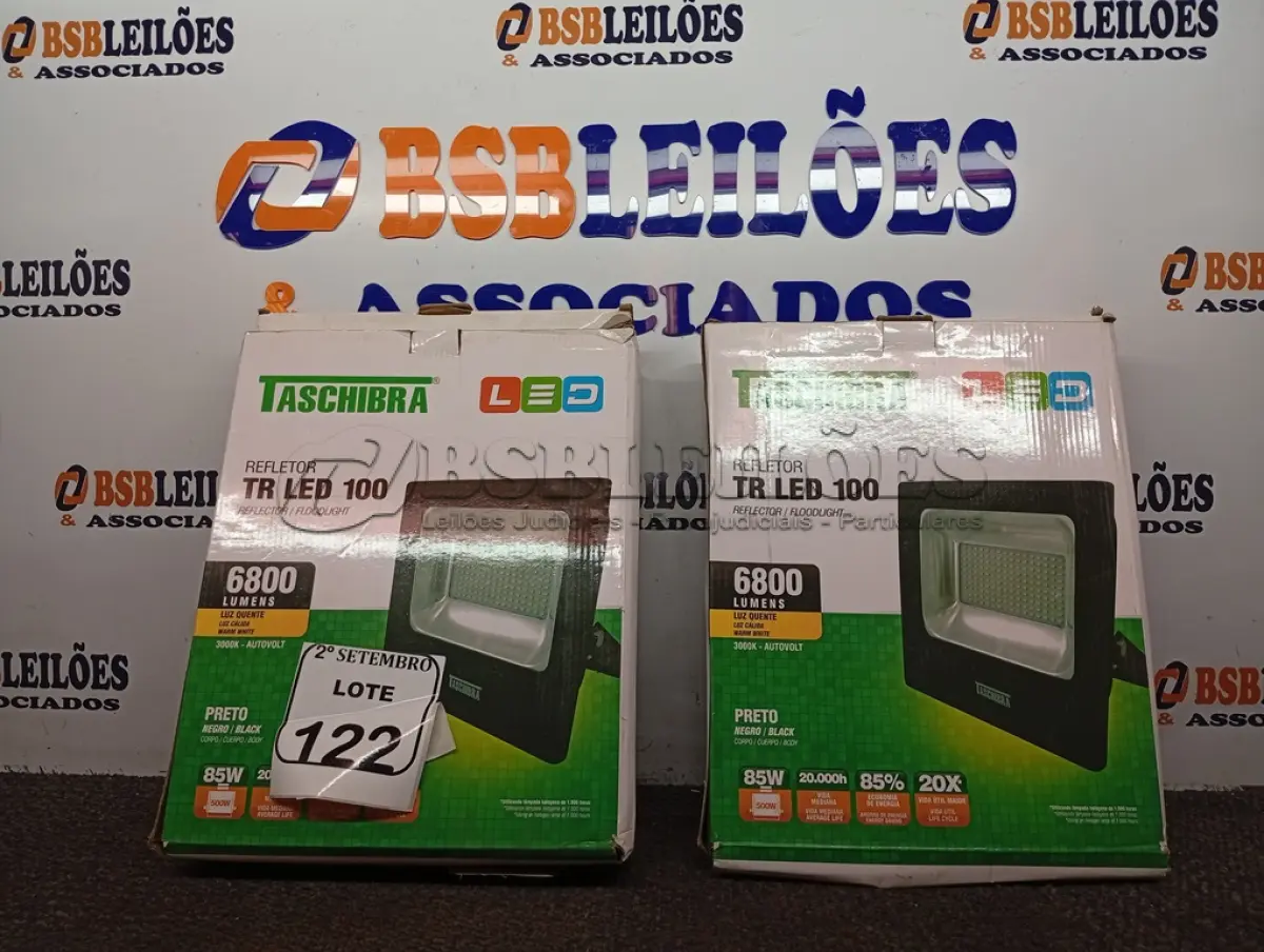 LOTE 122 - 02 REFLETORES TR LED 100W 3000K PRETO – TASHIBRA NOVO. (NO ESTADO) ATENÇÃO! FAZER A VISITAÇÃO ANTES DE ARREMATAR, NÃO SABEMOS SE FUNCIONA. LEILÃO NÃO TEM GARANTIA E NEM DEVOLUÇÃO, SUJEITO A POSSÍVEIS AVARIAS VISÍVEIS/OCULTAS E/OU AUSÊNCIA DE COMPONENTES.
