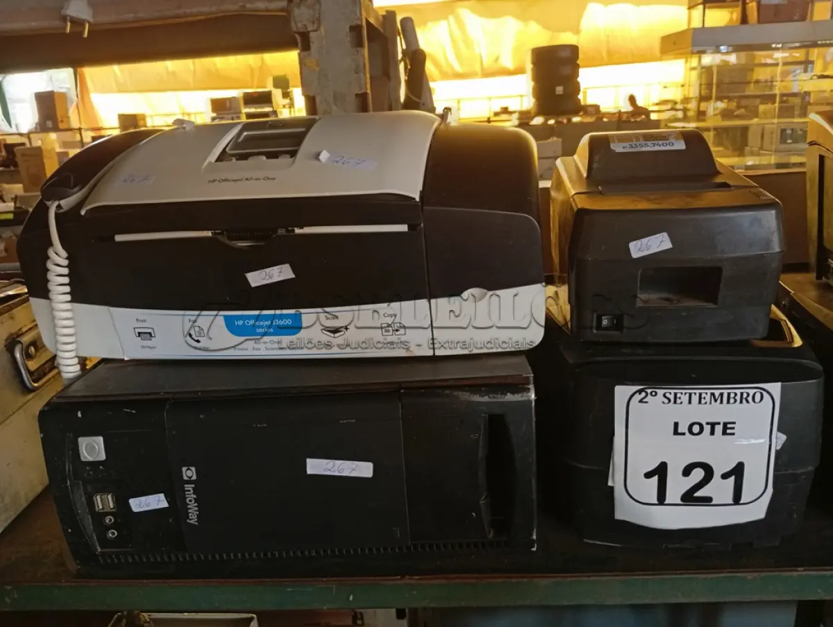 LOTE 121 - 01 CPU, 02 IMPRESSORAS DE ETIQUETAS, 02 RELÓGIOS DE PONTO E 01 APARELHO DE FAX. (NO ESTADO) ATENÇÃO! FAZER A VISITAÇÃO ANTES DE ARREMATAR, NÃO SABEMOS SE FUNCIONA. LEILÃO NÃO TEM GARANTIA E NEM DEVOLUÇÃO, SUJEITO A POSSÍVEIS AVARIAS VISÍVEIS/OCULTAS E/OU AUSÊNCIA DE COMPONENTES.