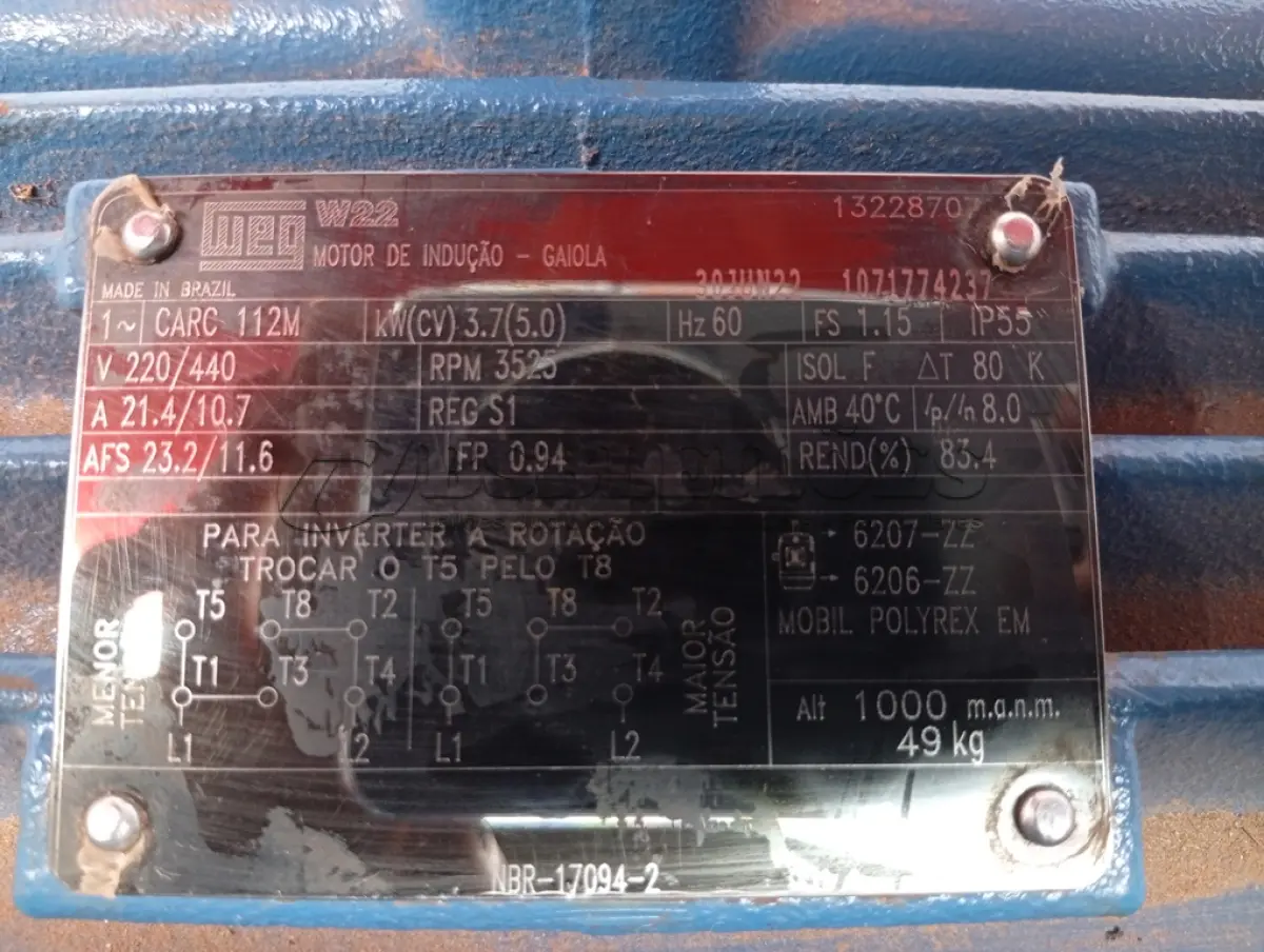 LOTE 267 - 01 - MOTOR ELÉTRICO WEG W22 IP55 (NO ESTADO, NÃO SABEMOS SE FUNCIONA. LEILÃO NÃO TEM GARANTIA E NEM DEVOLUÇÃO, SUJEITO A POSSÍVEIS AVARIAS VISÍVEIS/OCULTAS E/OU AUSÊNCIA DE COMPONENTES)