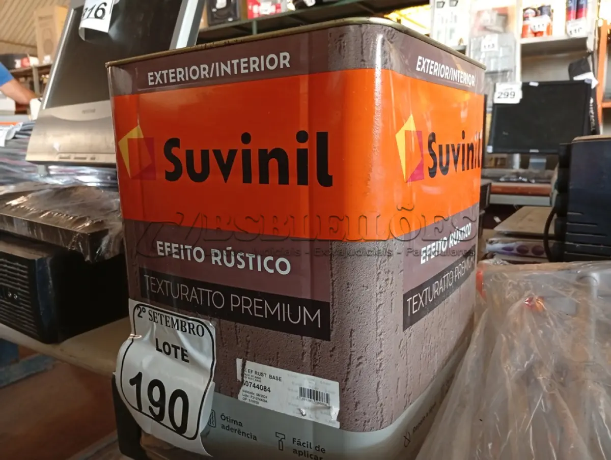 LOTE 190 - 01 LATA DE TINTA SUVINIL EFEITO RUSTICO TEXTURIZADO PRETO 25KG. (NO ESTADO) ATENÇÃO! FAZER A VISITAÇÃO ANTES DE ARREMATAR, NÃO SABEMOS SE FUNCIONA. LEILÃO NÃO TEM GARANTIA E NEM DEVOLUÇÃO, SUJEITO A POSSÍVEIS AVARIAS VISÍVEIS/OCULTAS E/OU AUSÊNCIA DE COMPONENTES.