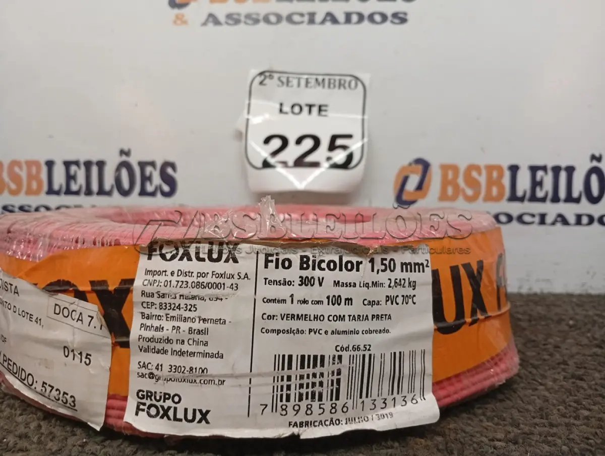 LOTE 225 - 01 ROLO FIO BICOLOR 1,5MM 2X14 100 MT FOXLUX/FAMASTIL (NO ESTADO) ATENÇÃO! FAZER A VISITAÇÃO ANTES DE ARREMATAR, NÃO SABEMOS SE FUNCIONA. LEILÃO NÃO TEM GARANTIA E NEM DEVOLUÇÃO, SUJEITO A POSSÍVEIS AVARIAS VISÍVEIS/OCULTAS E/OU AUSÊNCIA DE COMPONENTES.