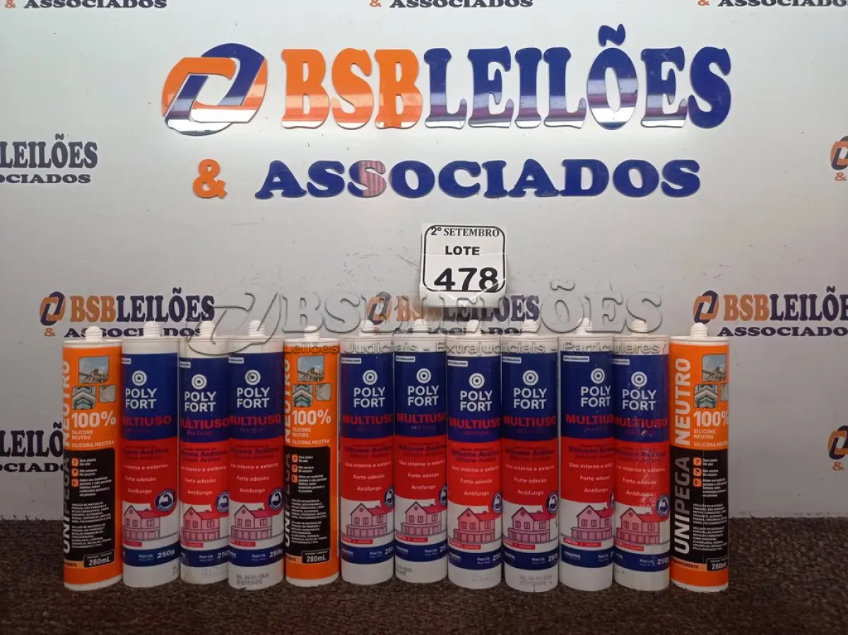 LOTE 478 - 09 CARTUCHOS DE SILICONE ACÉTICO MULTIUSO POLYFORT DE 250G CADA E 03 SACHES ADESIVOS E SELADORES MARCA UNIPEGA 600ML CADA.  (NO ESTADO) ATENÇÃO! FAZER A VISITAÇÃO ANTES DE ARREMATAR, NÃO SABEMOS SE FUNCIONA. LEILÃO NÃO TEM GARANTIA E NEM DEVOLUÇÃO, SUJEITO A POSSÍVEIS AVARIAS VISÍVEIS/OCULTAS E/OU AUSÊNCIA DE COMPONENTES.