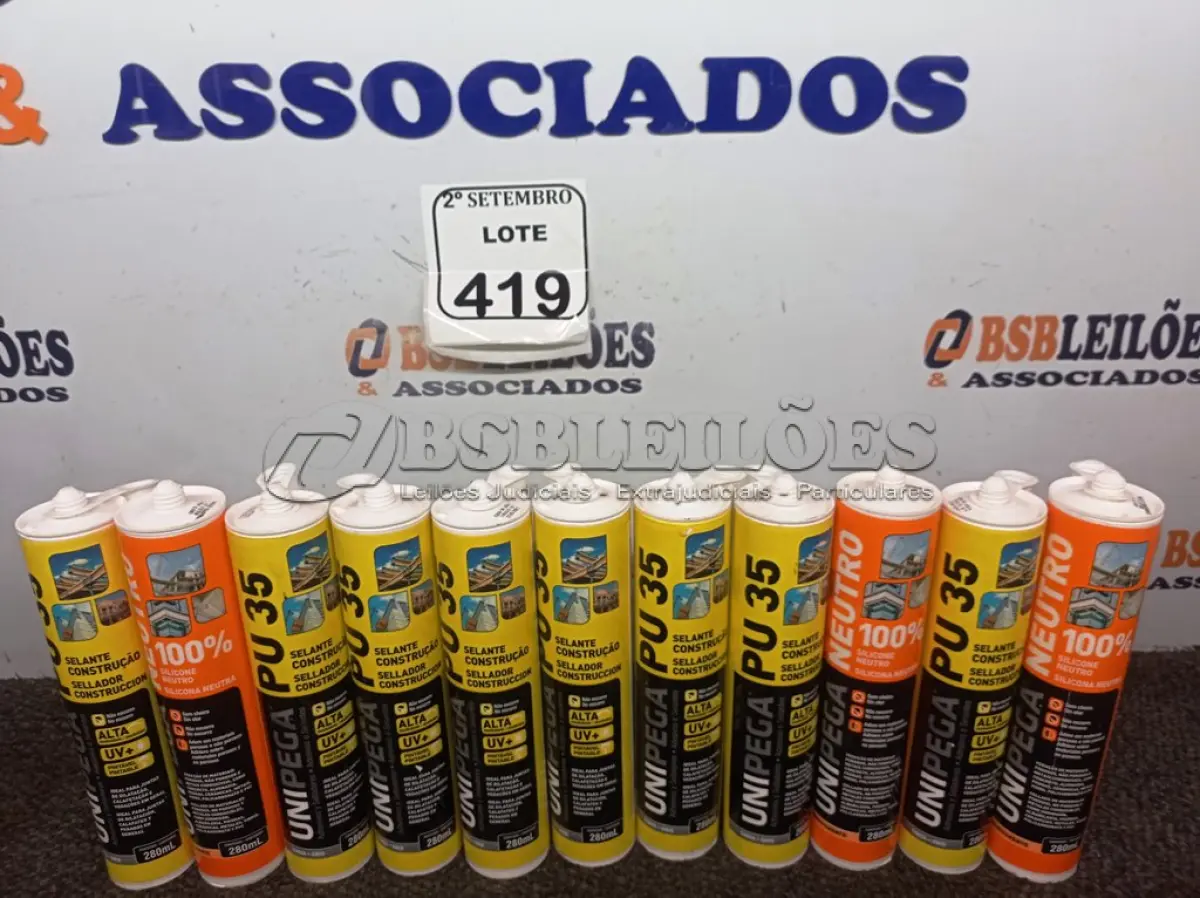 LOTE 419 - 08 SELANTES MULTIUSO PU35 280ML CADA E 03 UNIPEGA SILICONE NEUTRO TRANSPARENTE. (NO ESTADO) ATENÇÃO! FAZER A VISITAÇÃO ANTES DE ARREMATAR, NÃO SABEMOS SE FUNCIONA. LEILÃO NÃO TEM GARANTIA E NEM DEVOLUÇÃO, SUJEITO A POSSÍVEIS AVARIAS VISÍVEIS/OCULTAS E/OU AUSÊNCIA DE COMPONENTES.