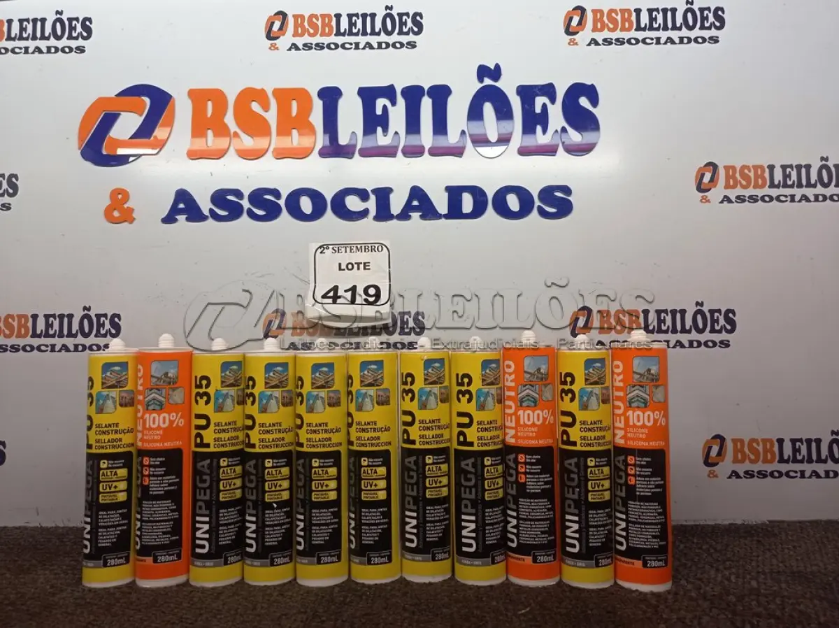 LOTE 419 - 08 SELANTES MULTIUSO PU35 280ML CADA E 03 UNIPEGA SILICONE NEUTRO TRANSPARENTE. (NO ESTADO) ATENÇÃO! FAZER A VISITAÇÃO ANTES DE ARREMATAR, NÃO SABEMOS SE FUNCIONA. LEILÃO NÃO TEM GARANTIA E NEM DEVOLUÇÃO, SUJEITO A POSSÍVEIS AVARIAS VISÍVEIS/OCULTAS E/OU AUSÊNCIA DE COMPONENTES.