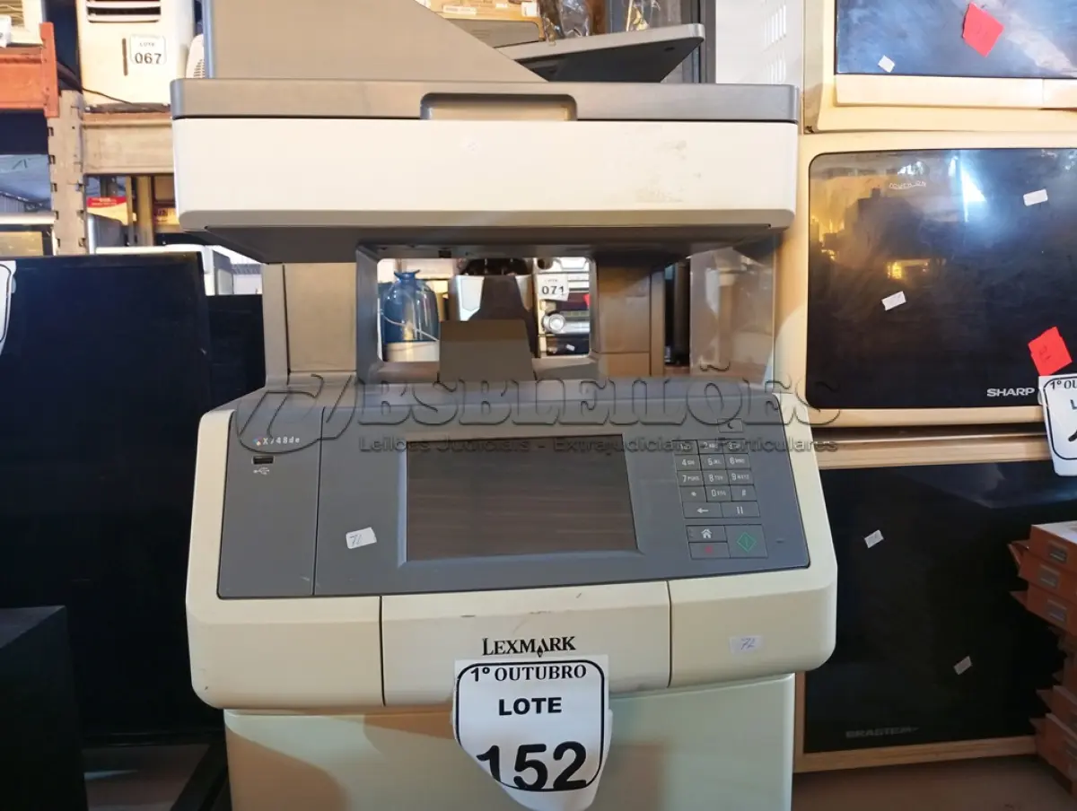 LOTE 152 - 01 IMPRESSORA MULTIFUNCIONAL LEXMARK X748TE COM AVARIAS. (NO ESTADO) ATENÇÃO! FAZER A VISITAÇÃO ANTES DE ARREMATAR, NÃO SABEMOS SE FUNCIONA. LEILÃO NÃO TEM GARANTIA E NEM DEVOLUÇÃO, SUJEITO A POSSÍVEIS AVARIAS VISÍVEIS/OCULTAS E/OU AUSÊNCIA DE COMPONENTES.