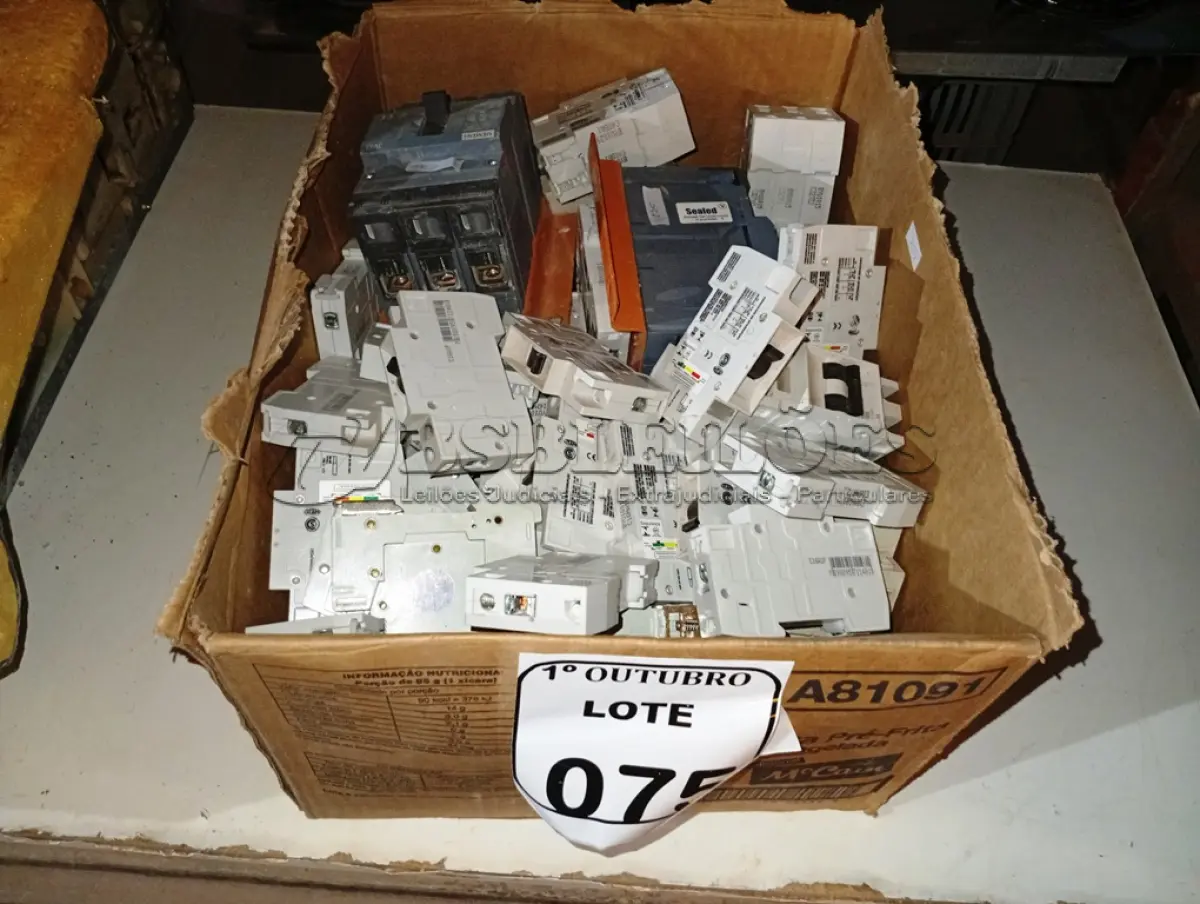 LOTE 075 - 01 CAIXA DIVERSOS DISJUNTORES. (NO ESTADO) ATENÇÃO! FAZER A VISITAÇÃO ANTES DE ARREMATAR, NÃO SABEMOS SE FUNCIONA. LEILÃO NÃO TEM GARANTIA E NEM DEVOLUÇÃO, SUJEITO A POSSÍVEIS AVARIAS VISÍVEIS/OCULTAS E/OU AUSÊNCIA DE COMPONENTES.